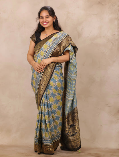 Sky Blue Ajrakh Handblock printed Dola Silk Saree | Looms & Tassels
