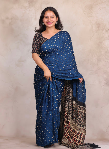 Blue Hand Knotted Bandhej Modal Silk Saree with Ajrakh Pallu | Looms & Tassels