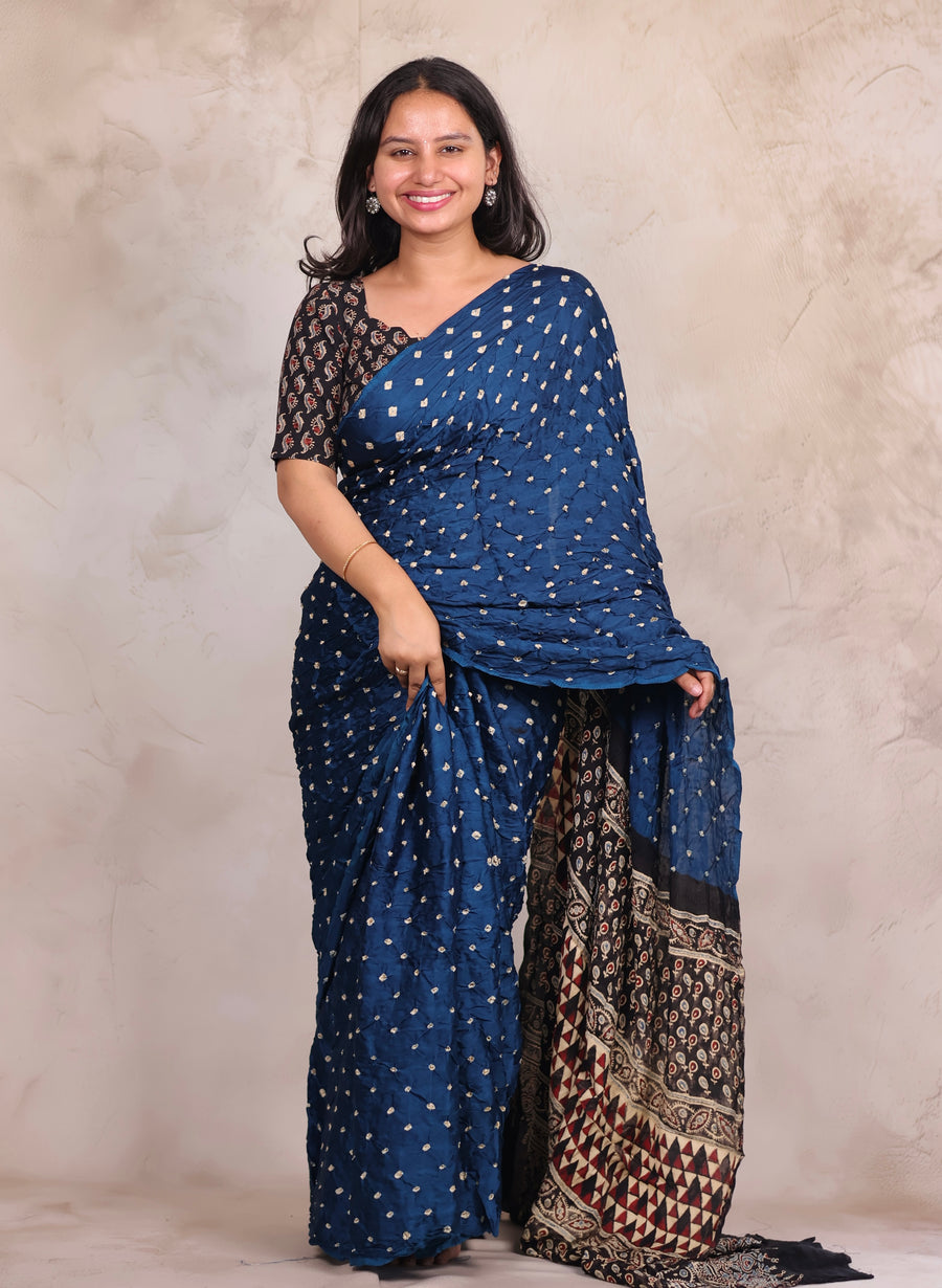 Blue Hand Knotted Bandhej Modal Silk Saree with Ajrakh Pallu | Looms & Tassels