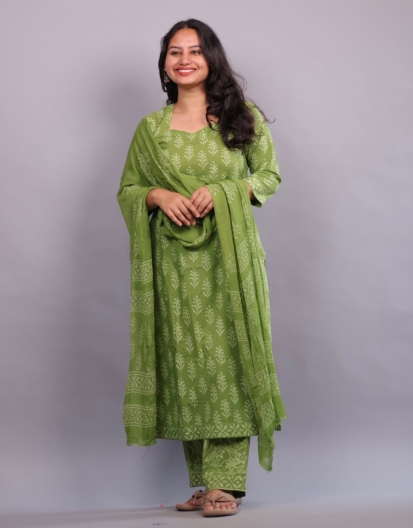 Green Handblock printed Pure Mul Cotton with Mul Cotton Duppata 3 piece suit (stitched)