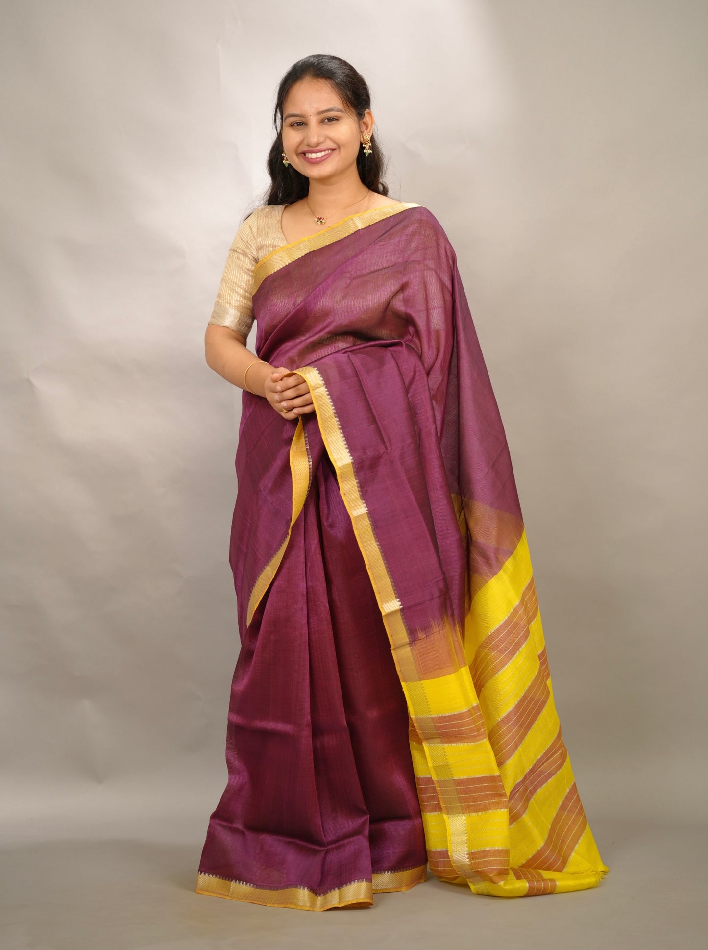 Wine & Yellow Handloom Mangalagiri Silk Saree| Looms & Tassels