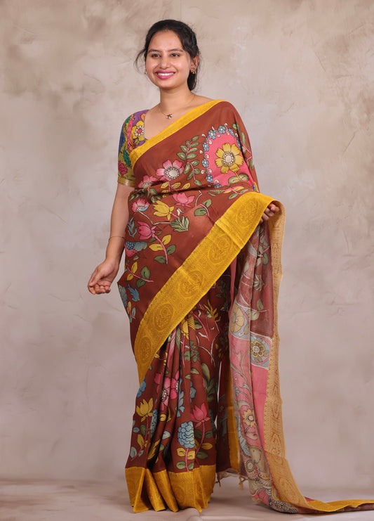 Hand Drawn Pen Kalamkari Brown And Yellow Bangalore Silk Kanchi Border Saree | Looms & Tassels