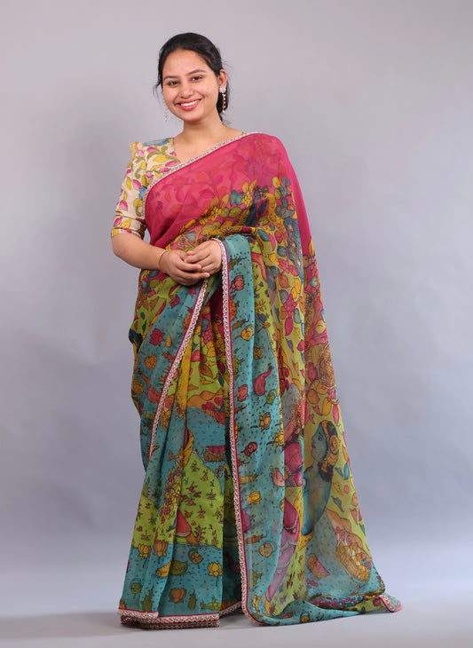 Magenta Hand Painted Pen Kalamkari Organza Saree