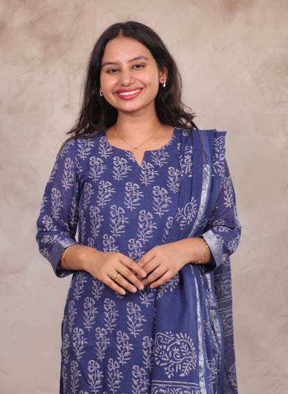 Indigo Linen Cotton Handblock printed 3 piece suit (stitched)