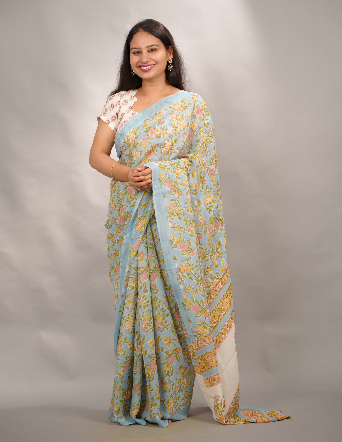 Sky Blue Georgette Hand Block Printed Saree| Looms & Tassels
