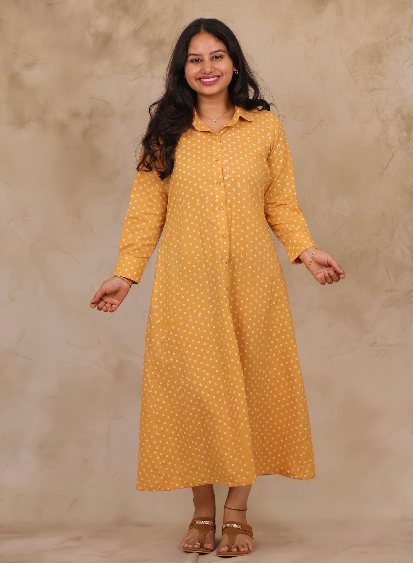 Mustard Yellow Polka Dot Pure Mul Cotton A-Line Shirt Dress | Looms & Tassels