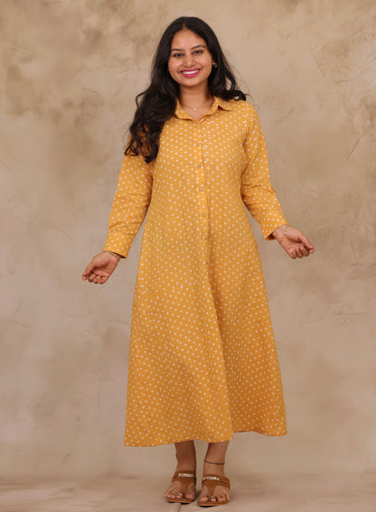 Mustard Yellow Polka Dot Pure Mul Cotton A-Line Shirt Dress | Looms & Tassels