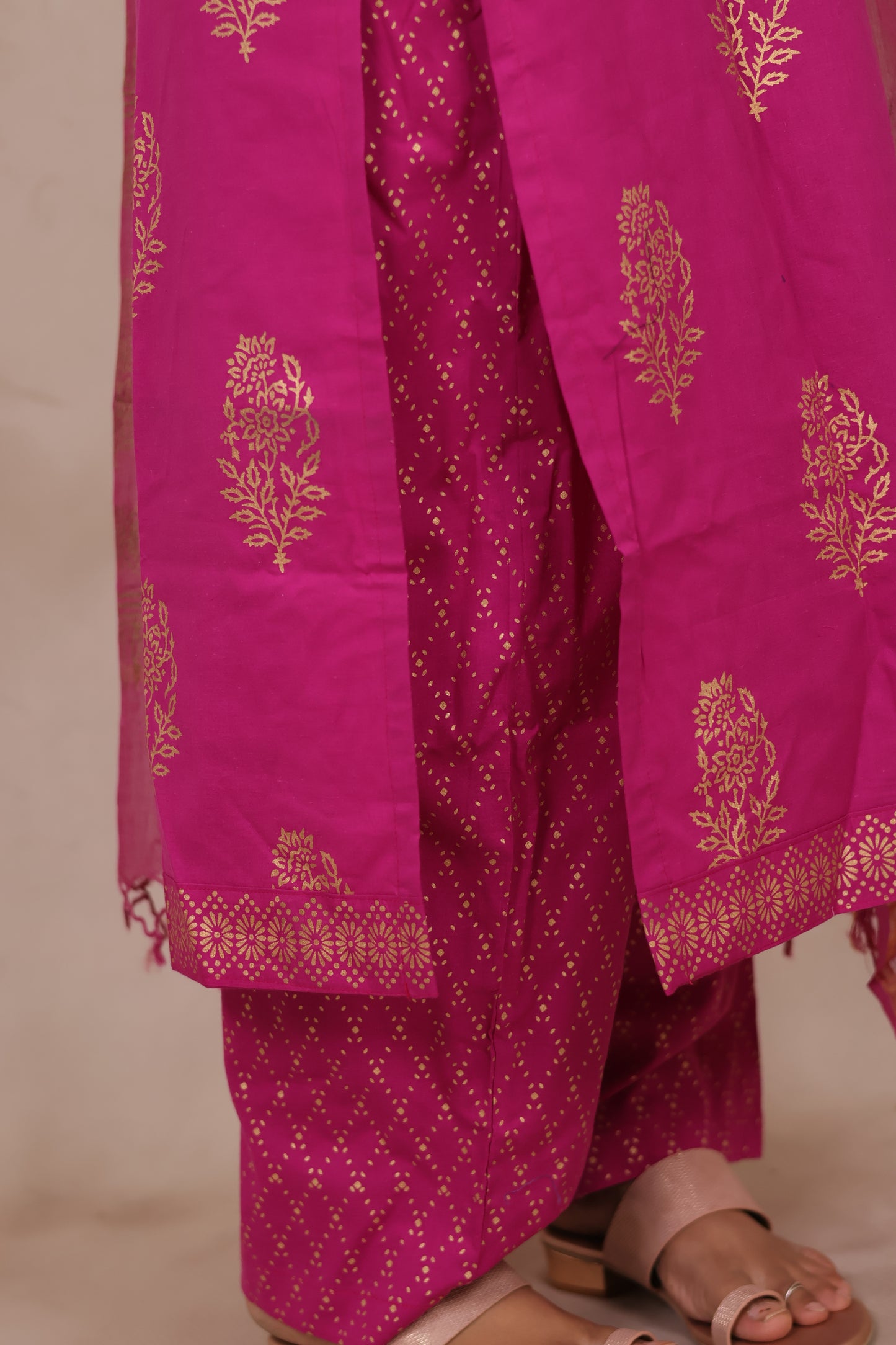 Magenta Handblock printed Pure Mul Cotton with Kota Doria Duppata 3 piece suit (stitched)