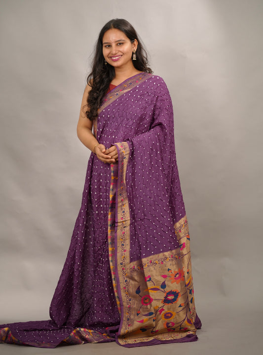 Purple Handcrafted Bandhani Paithani Dola Silk Saree | Looms & Tassels