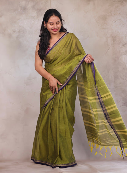Parrot Green Narayanpet Cotton Saree | Looms & Tassels
