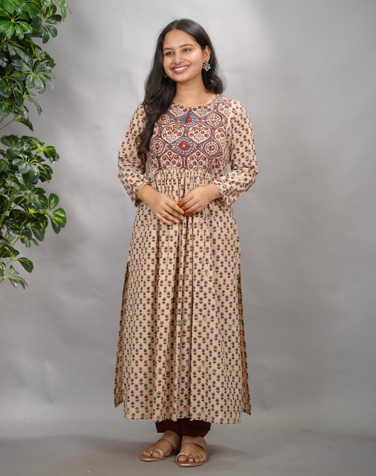 Cream Ajrakh Cotton Patchwork Aline Kurta | Looms & Tassels