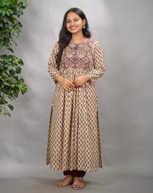 Cream Ajrakh Cotton Patchwork Aline Kurta | Looms & Tassels