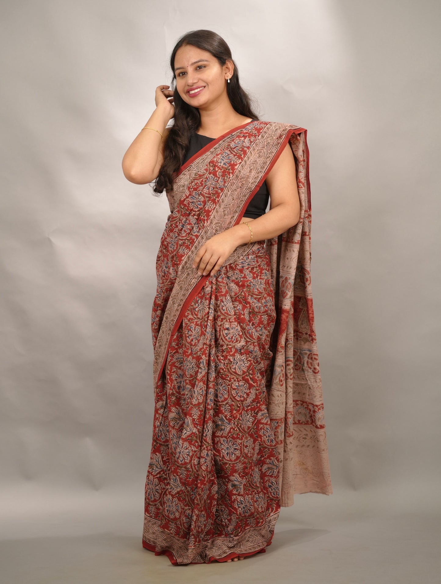 Red Hand Block Printed Kalamkari Cotton Saree | Looms & Tassels