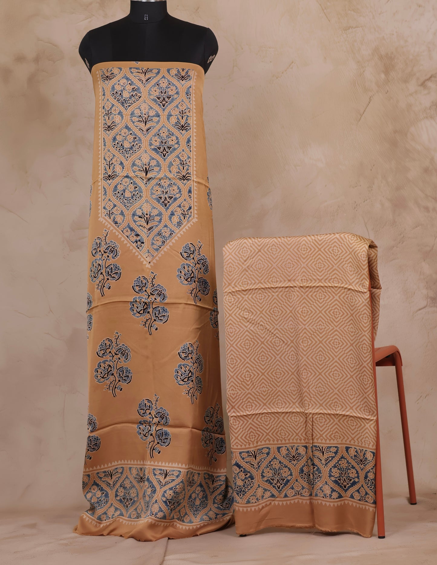 Cream Ajrakh Hand Block Printed Natural Dyed Modal Silk 2 Piece Suit Set | Looms & Tassels