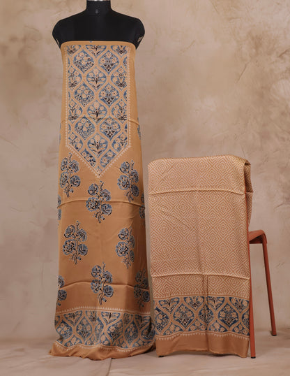 Cream Ajrakh Hand Block Printed Natural Dyed Modal Silk 2 Piece Suit Set | Looms & Tassels