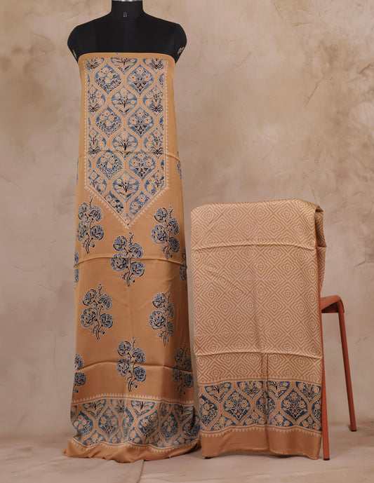 Cream Ajrakh Hand Block Printed Natural Dyed Modal Silk 2 Piece Suit Set | Looms & Tassels