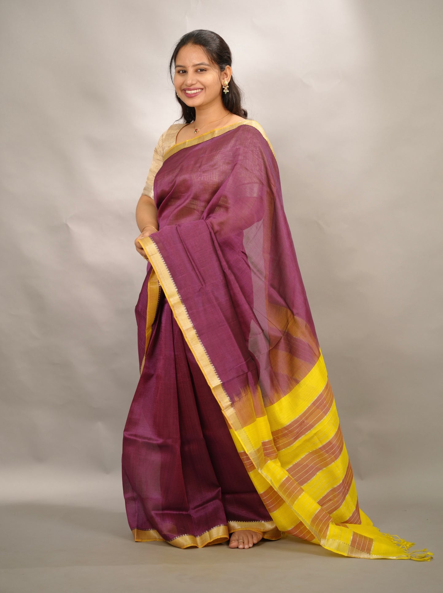 Wine & Yellow Handloom Mangalagiri Silk Saree| Looms & Tassels