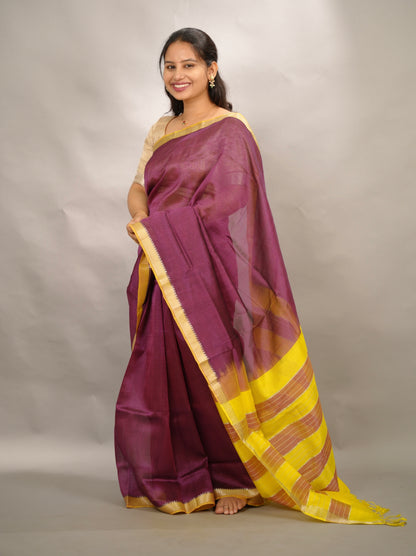 Wine & Yellow Handloom Mangalagiri Silk Saree| Looms & Tassels