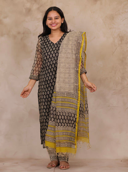 Black Handblock printed kota 3 piece suit (stitched)