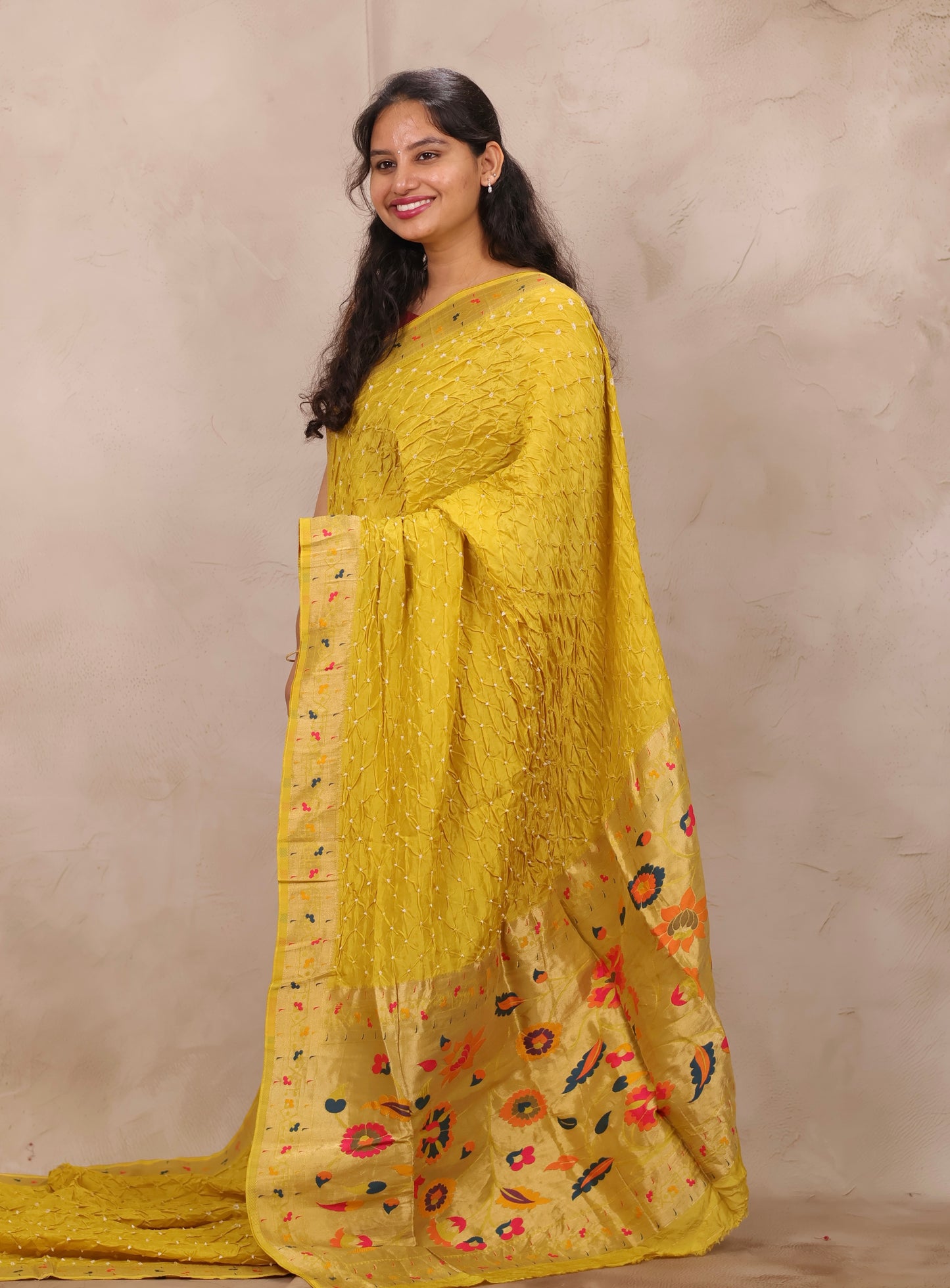 Pastel Yellow Handcrafted Bandhani Paithani Dola Silk Saree | Looms & Tassels