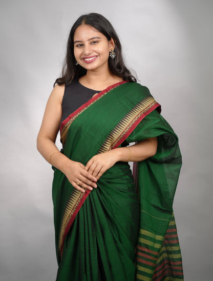 Bottle Green Narayanpet Cotton Saree With Temple Border | Looms & Tassels
