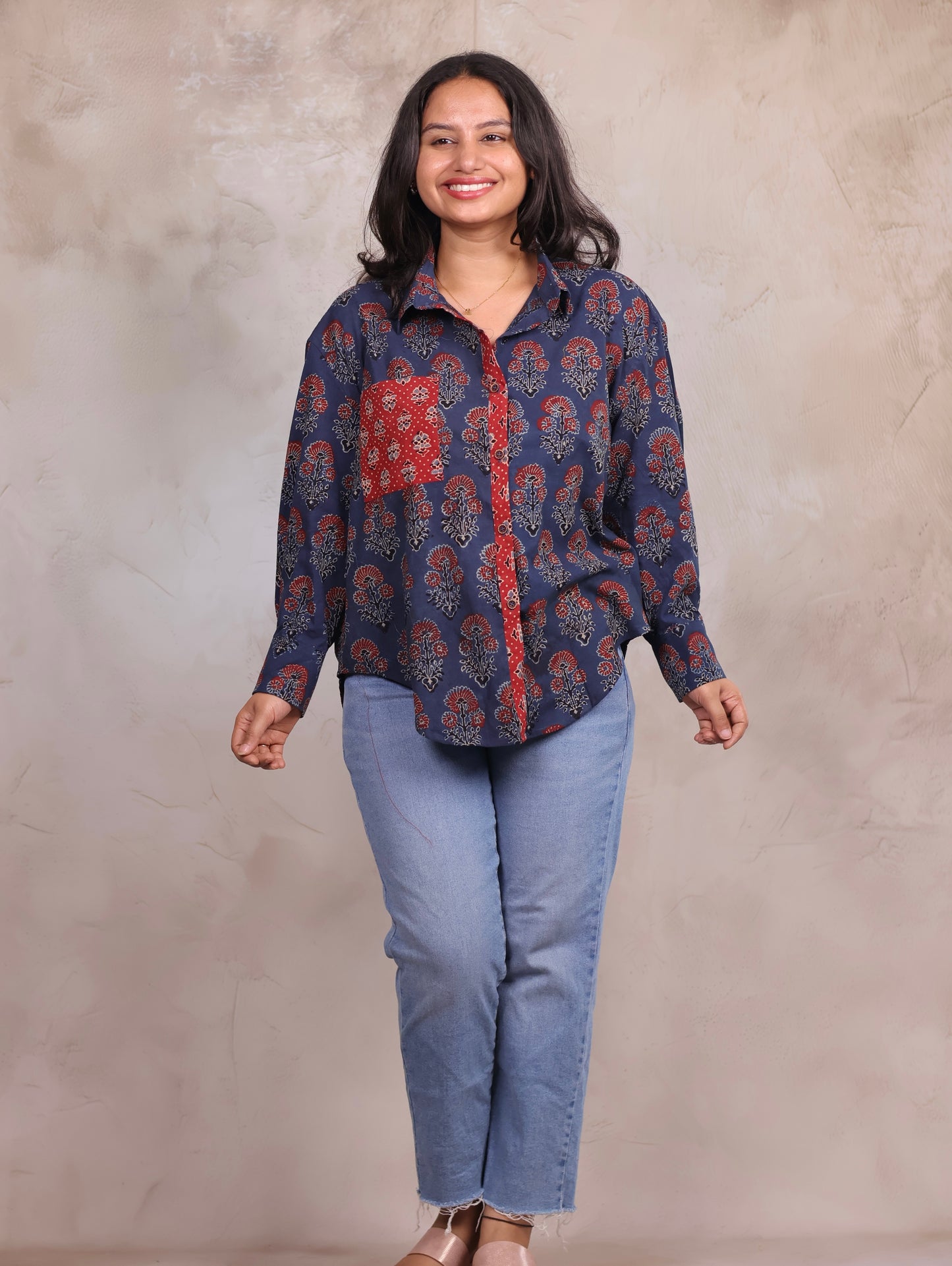 Indigo Ajrakh Handblock Printed Patch Work Shirt (Pure Cotton ) | Looms & Tassels