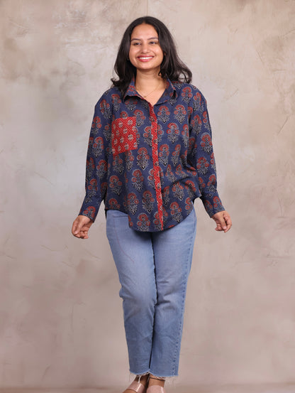 Indigo Ajrakh Handblock Printed Patch Work Shirt (Pure Cotton ) | Looms & Tassels