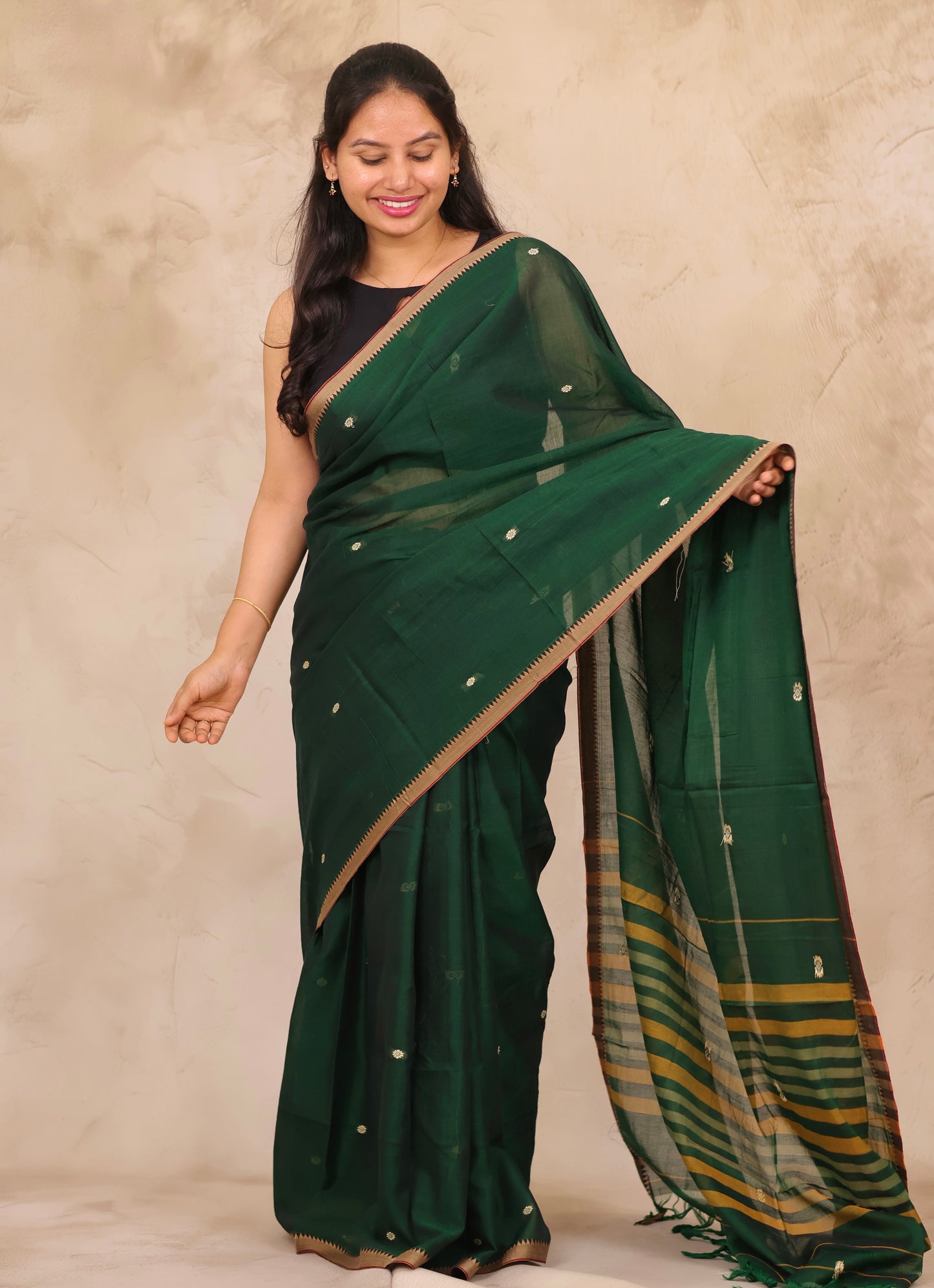 Green Narayanpet Cotton Saree With Butta Weaving | Looms & Tassels
