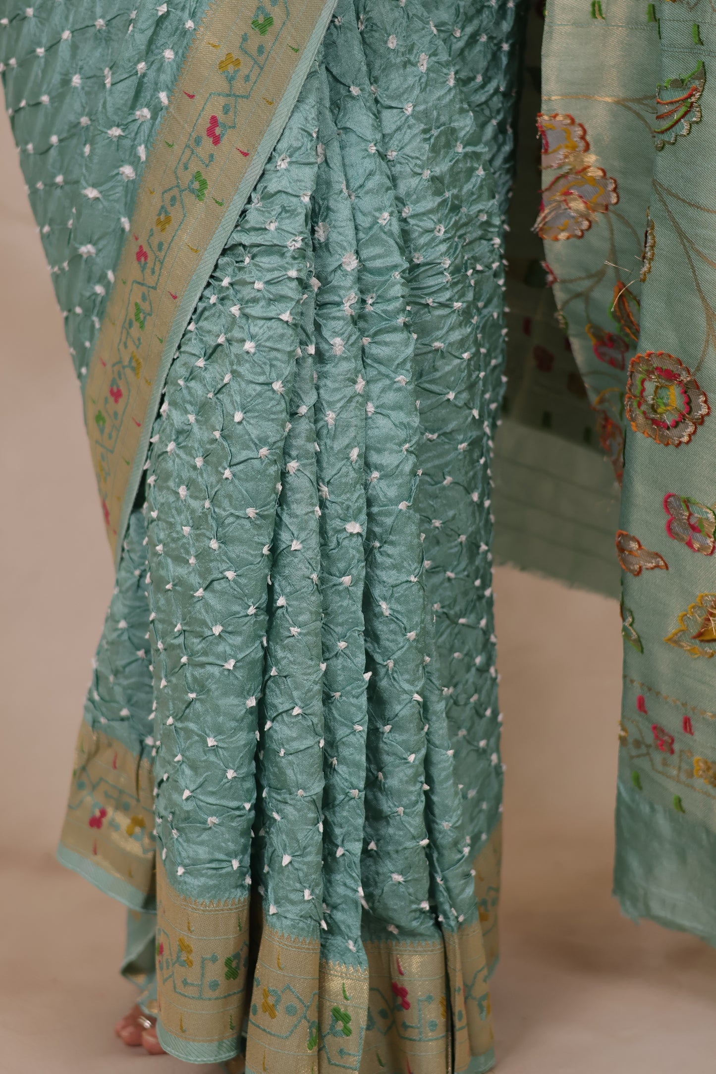 Sea Green Handcrafted Bandhani Paithani Dola Silk Saree | Looms & Tassels