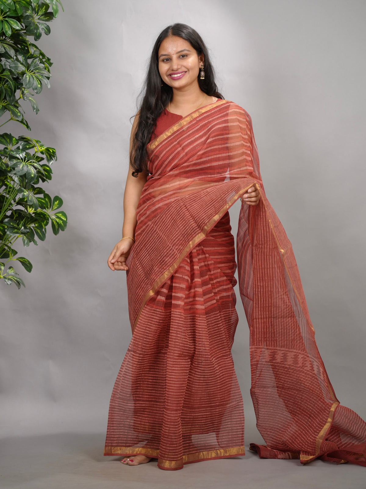 Maroon Stripes Contemporary Pure Kota Doria Saree with Bagru Handblock Prints