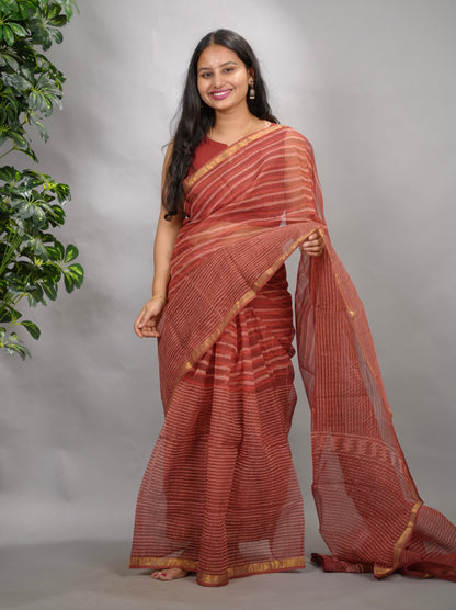 Maroon Stripes Contemporary Pure Kota Doria Saree with Bagru Handblock Prints