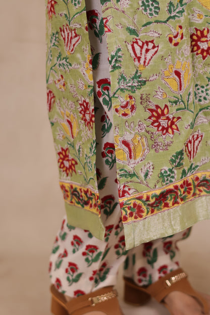 Green Linen Cotton Handblock printed 3 piece suit (stitched)