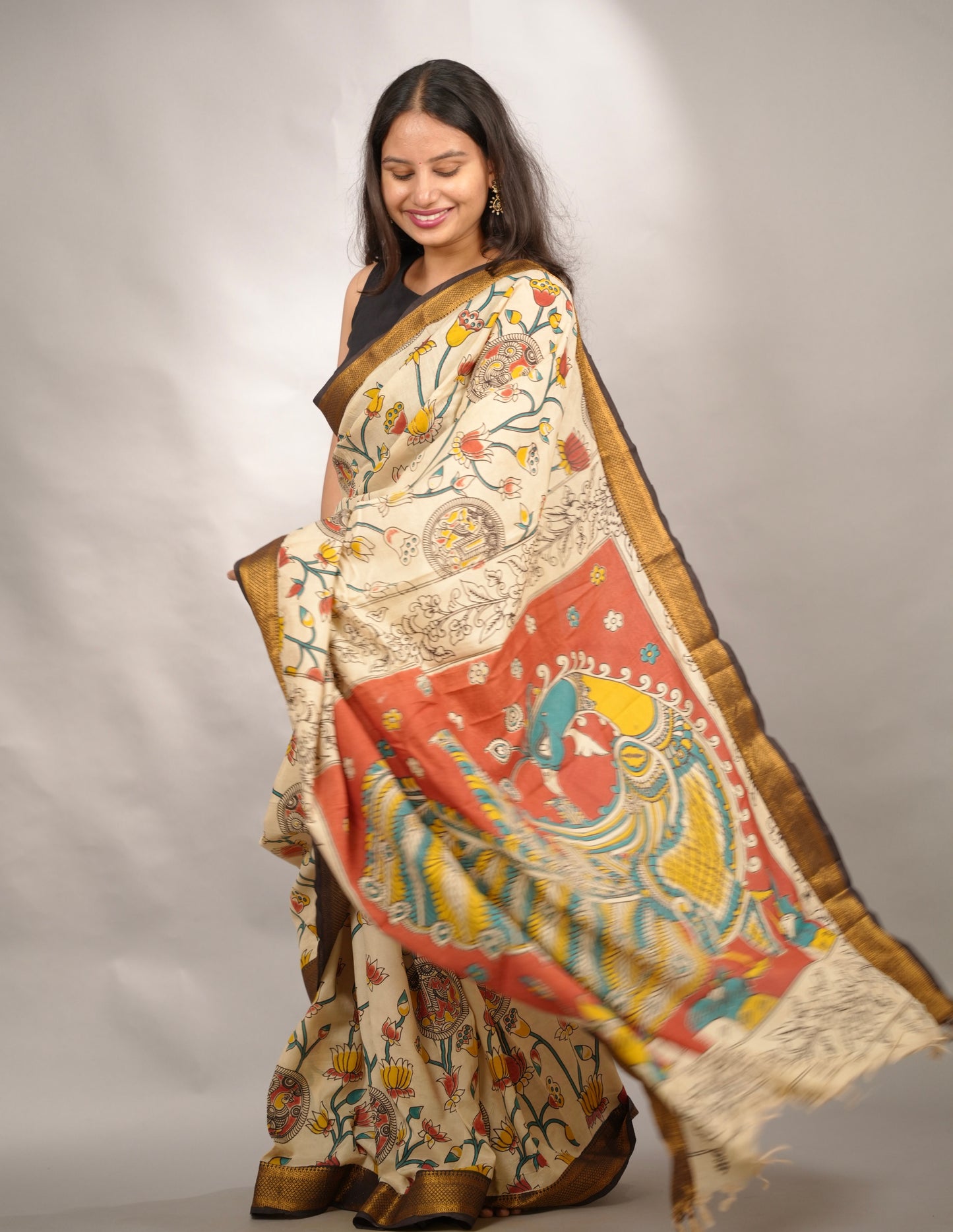 Cream Kalamkari Nizam Border Chennur Silk Saree | Looms & Tassels