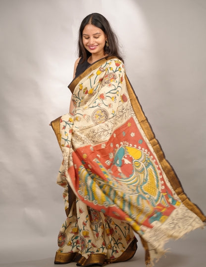 Cream Kalamkari Nizam Border Chennur Silk Saree | Looms & Tassels