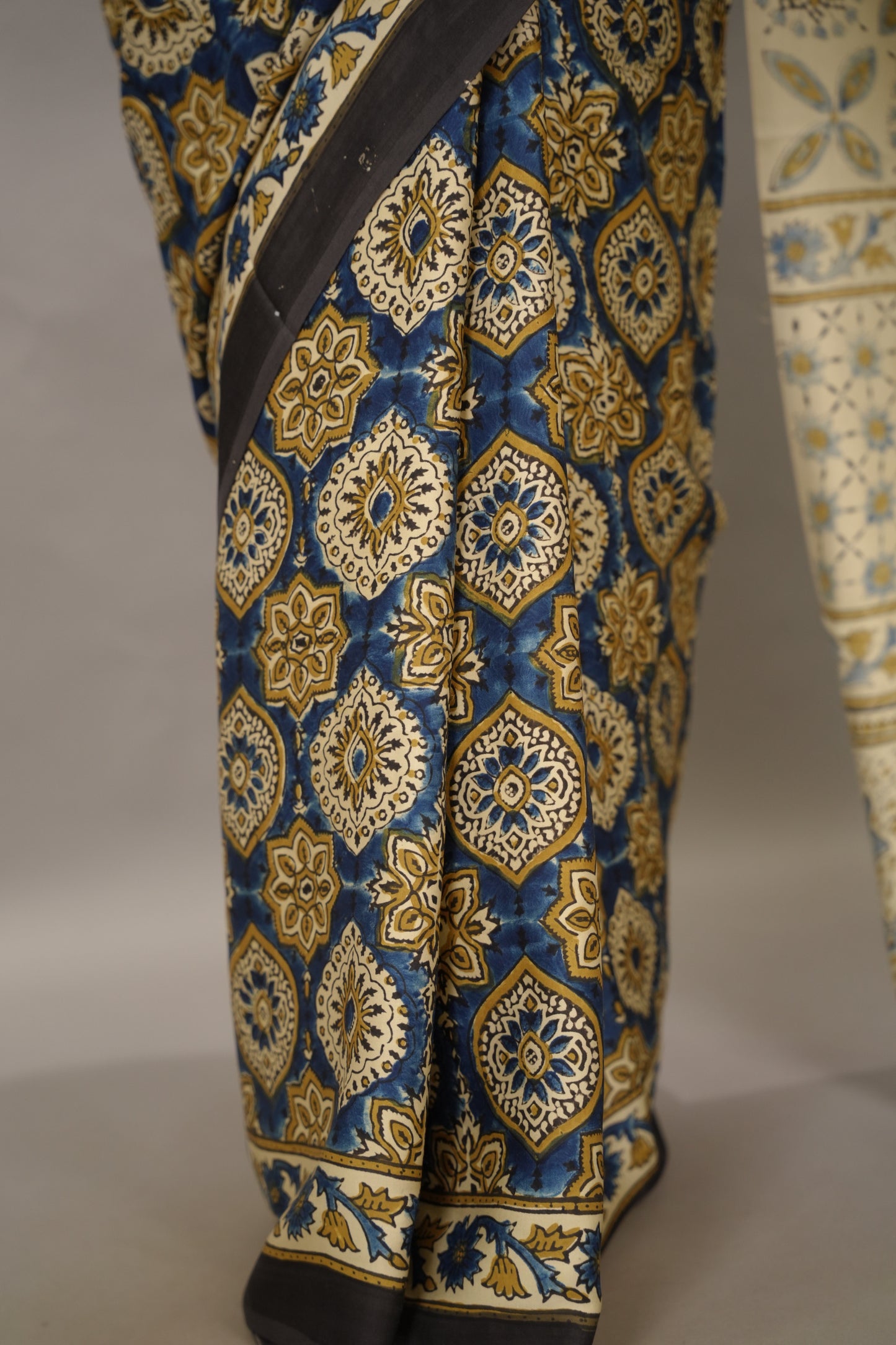 Cream & Blue Badam Butta Authentic Ajrakh Handblock Printed Modal Silk Saree | Looms & Tassels