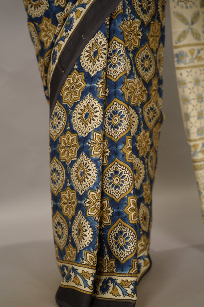 Cream & Blue Badam Butta Authentic Ajrakh Handblock Printed Modal Silk Saree | Looms & Tassels
