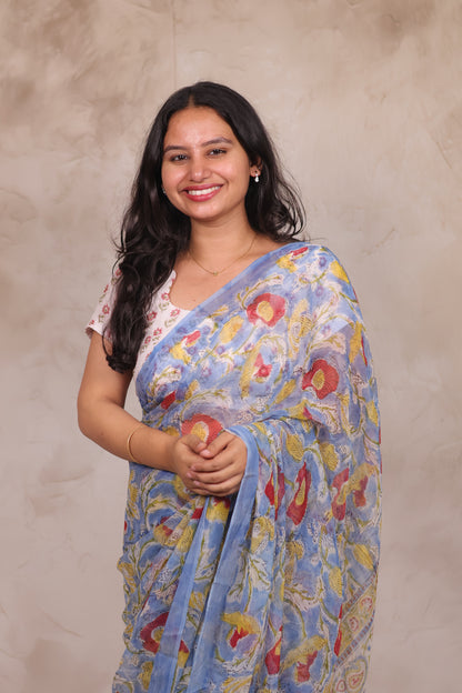 Ice Blue Chiffon Hand Block Printed Saree | Looms & Tassels