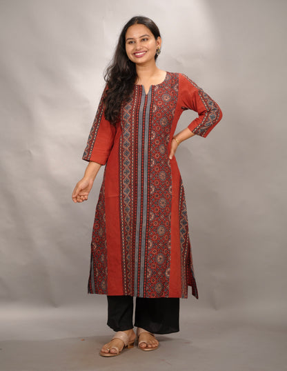 Red Ajrakh Pattern Hand Block printed Kurti | Looms & Tassels