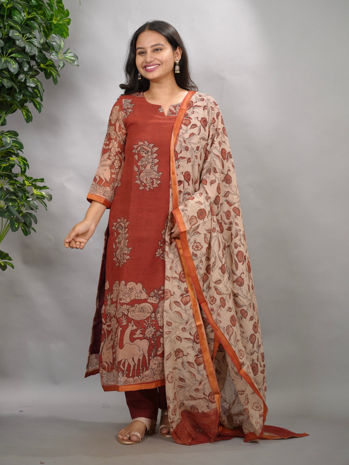 Maroon Kalamkari Kota Cotton 3 piece suit (stitched) | Looms & Tassels