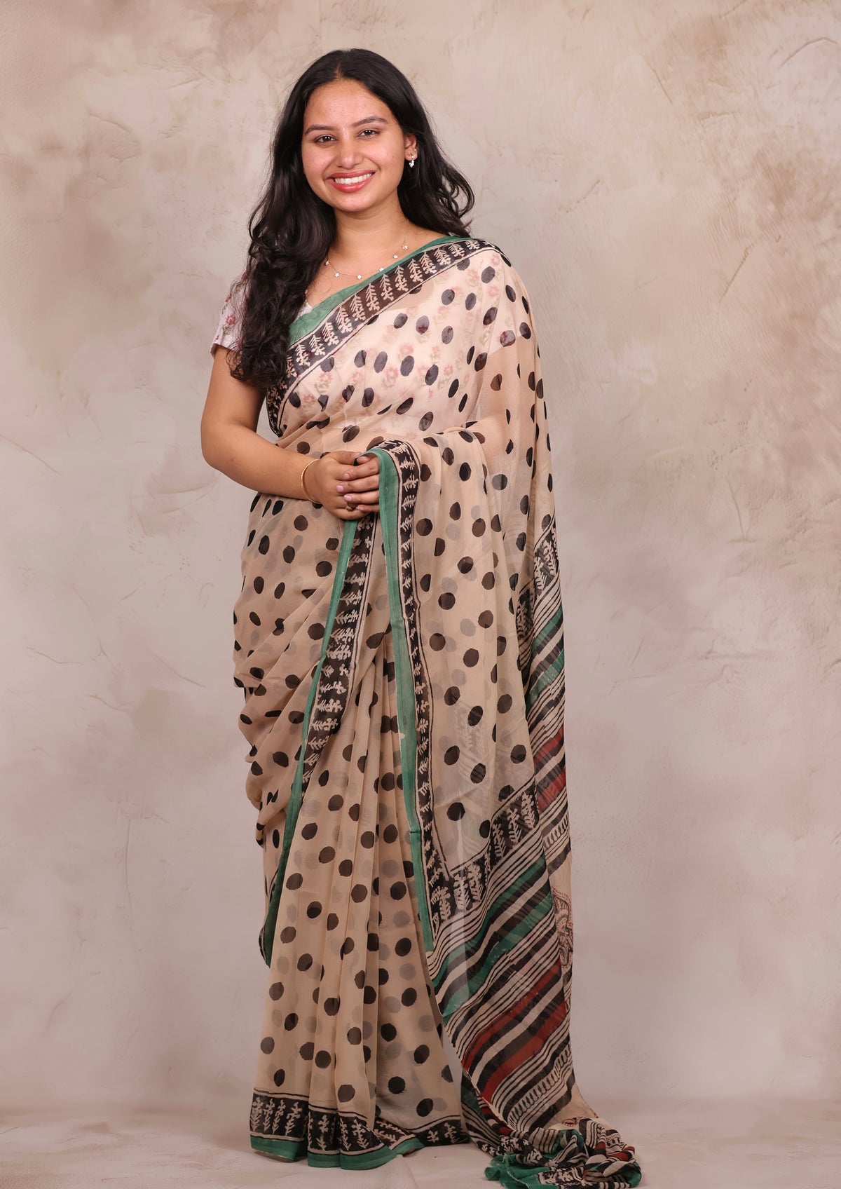 Cream Chiffon Hand Block Printed Saree | Looms & Tassels