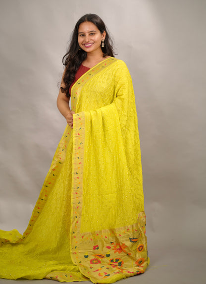 Lemon Green Handcrafted Bandhani Paithani Dola Silk Saree | Looms & Tassels