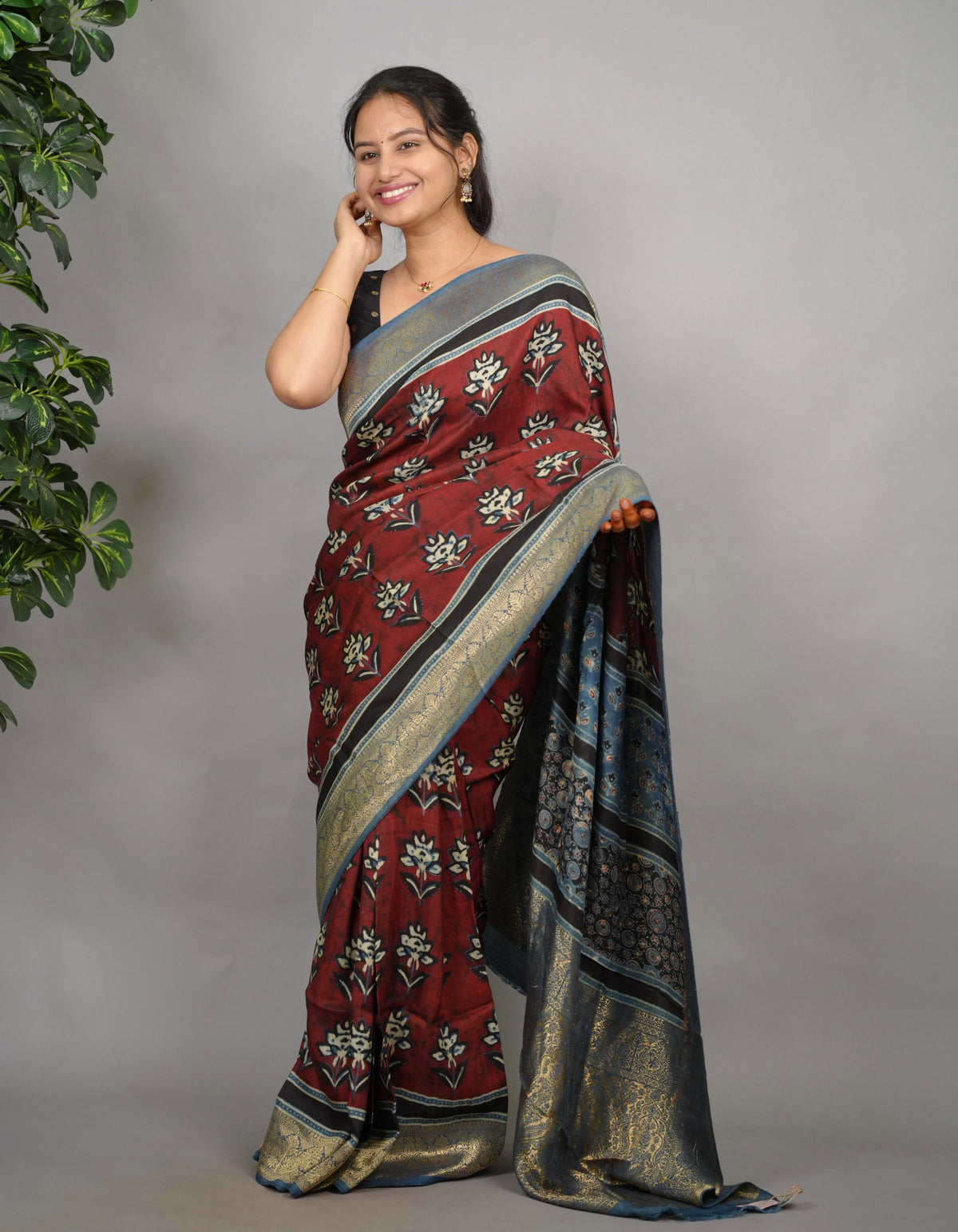 Ajrakh Dola Silk Saree - Brick Red | Looms & Tassels
