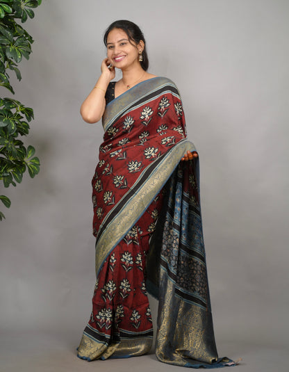 Ajrakh Dola Silk Saree - Brick Red | Looms & Tassels