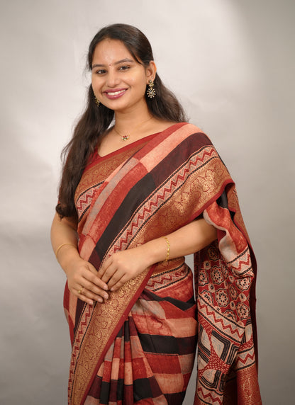 Contemporary Ajrakh Handblock printed Dola Silk Saree | Looms & Tassels