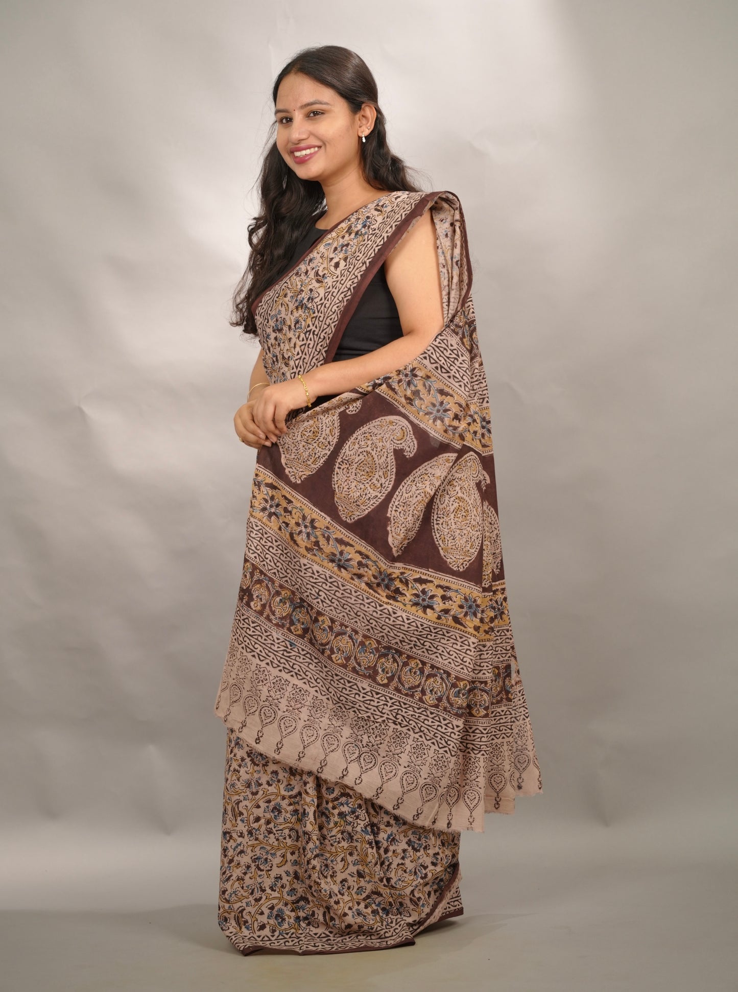 Cream Hand Block Printed Kalamkari Cotton Saree | Looms & Tassels