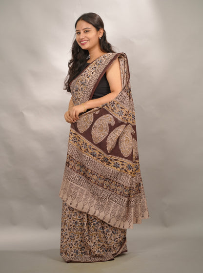 Cream Hand Block Printed Kalamkari Cotton Saree | Looms & Tassels