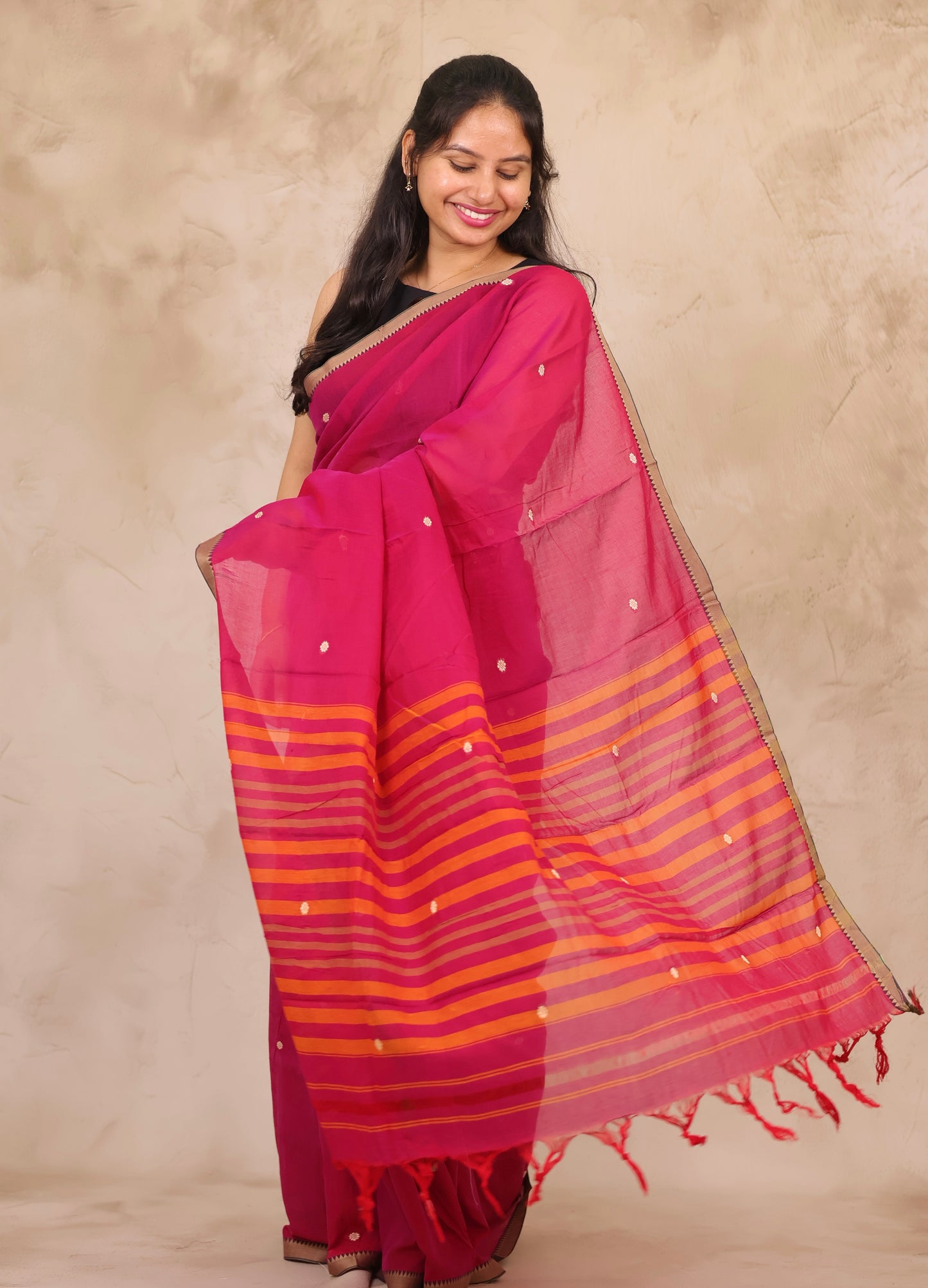 Pink Narayanpet Cotton Saree With Butta Weaving | Looms & Tassels
