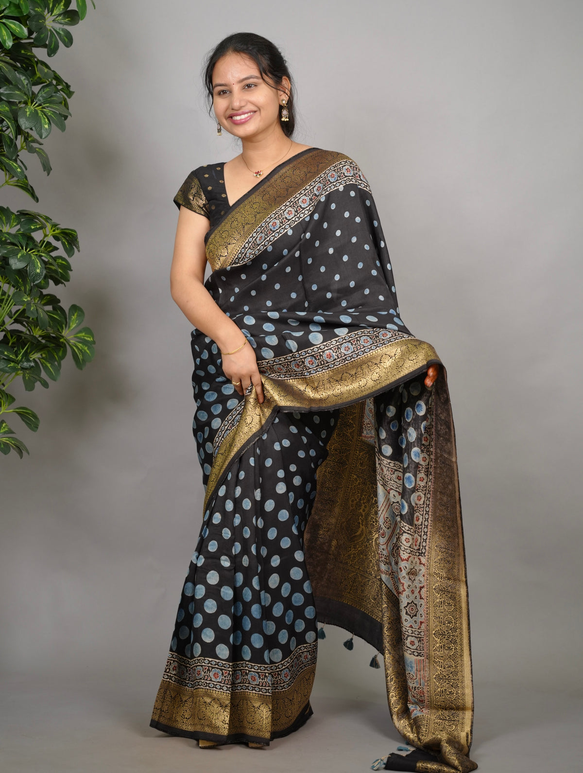 Ajrakh Dola Silk Saree - Black | Looms & Tassels