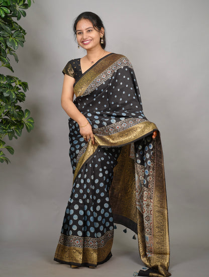 Ajrakh Dola Silk Saree - Black | Looms & Tassels