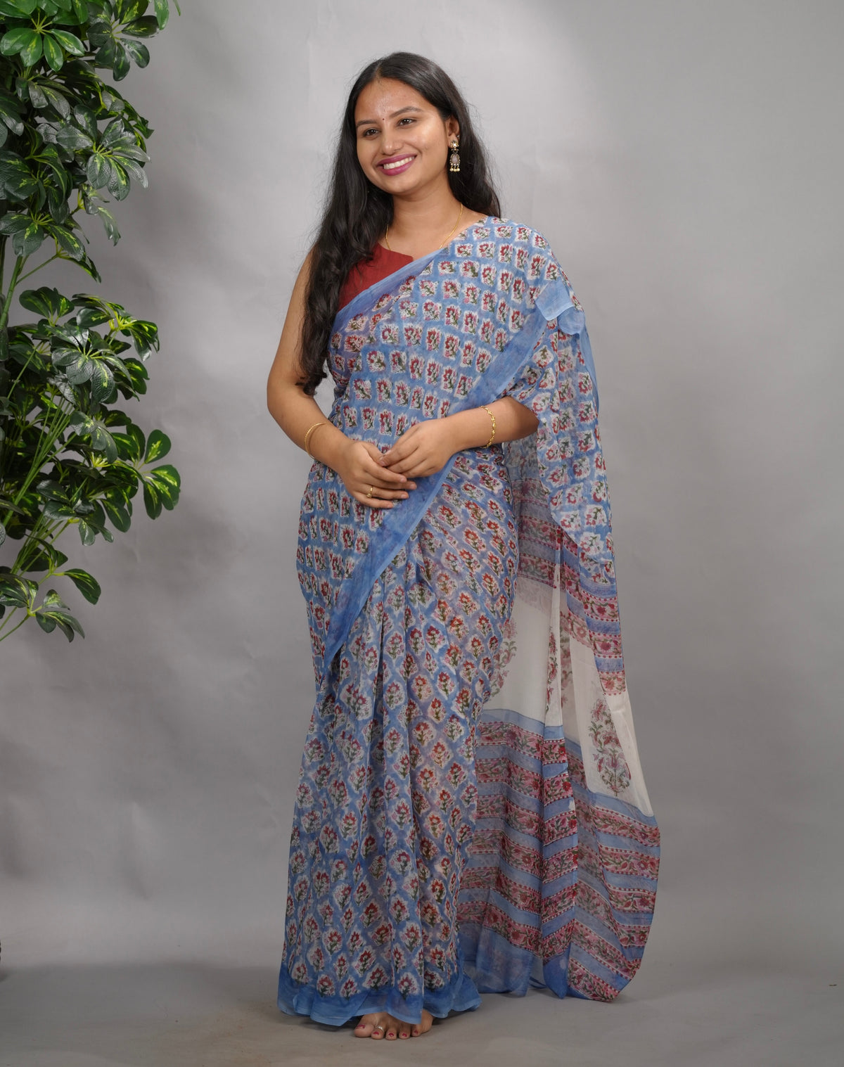 Blue Floral Chiffon Hand Block Printed Saree | Looms & Tassels